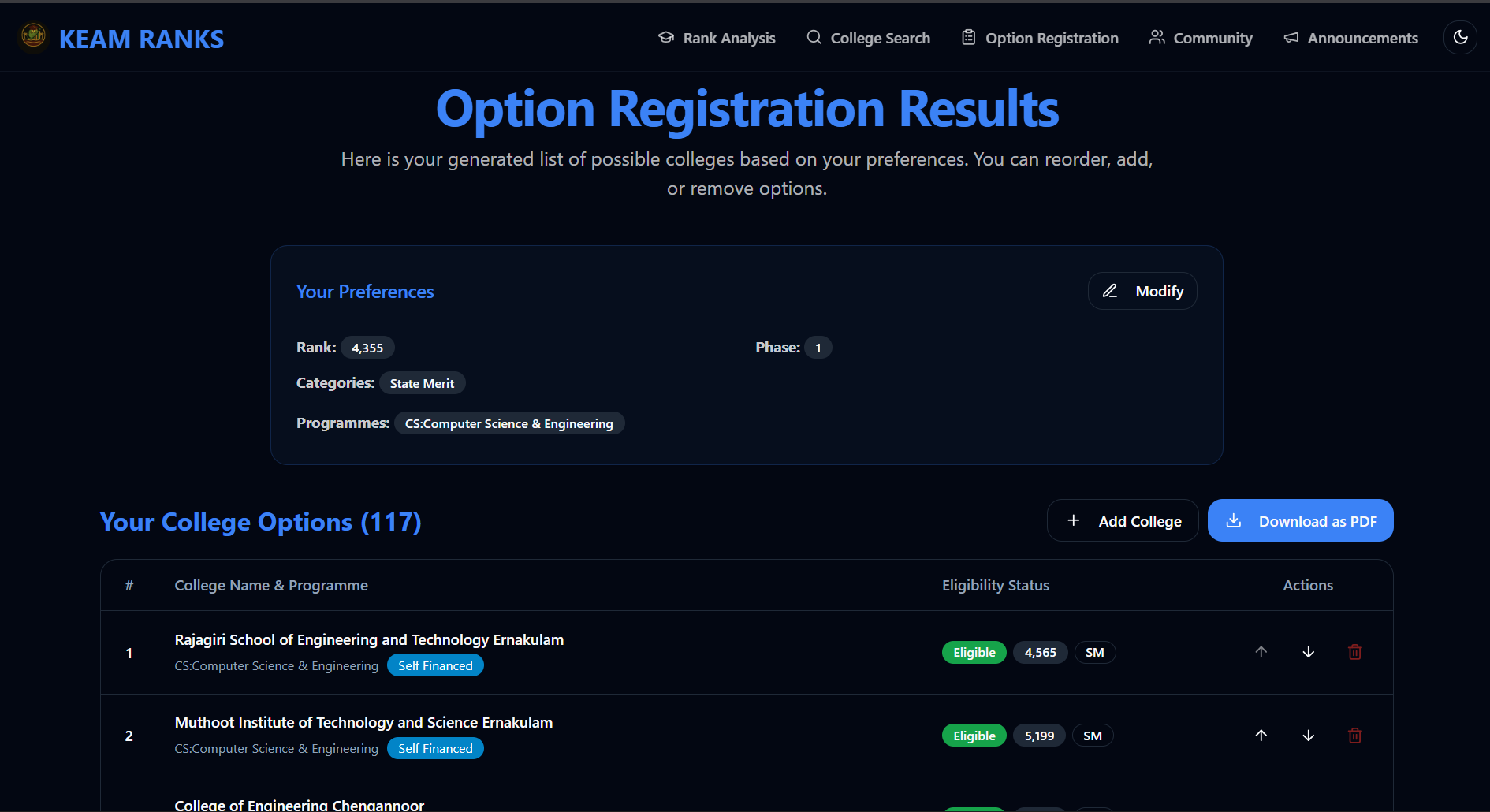 Option Registration window