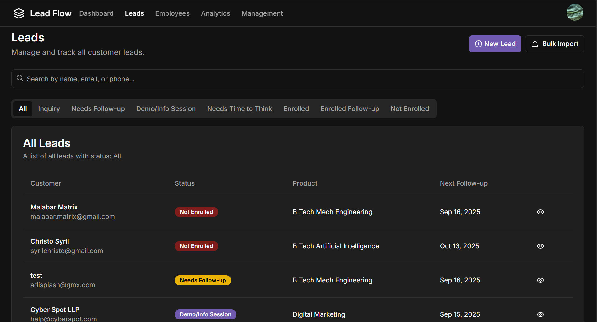 leads management page