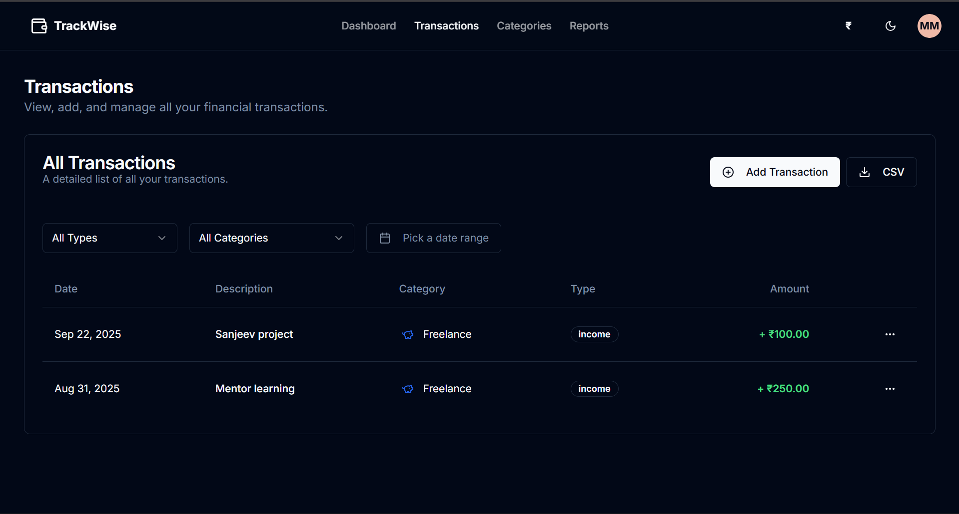 Transaction page of trackwise
